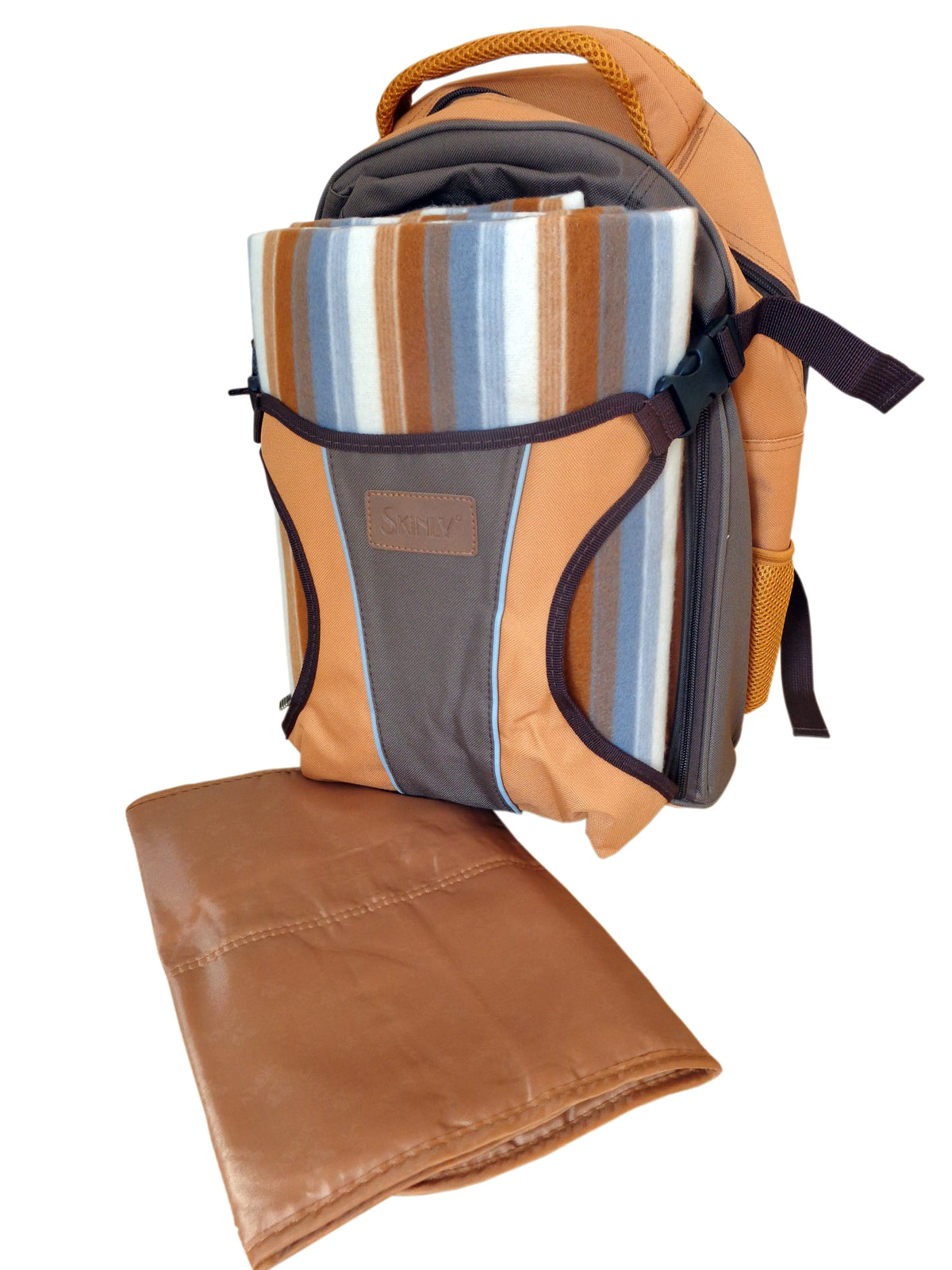 Skinly Tough Brown Baby Change Picnic Backpack with ground blanket Skinly