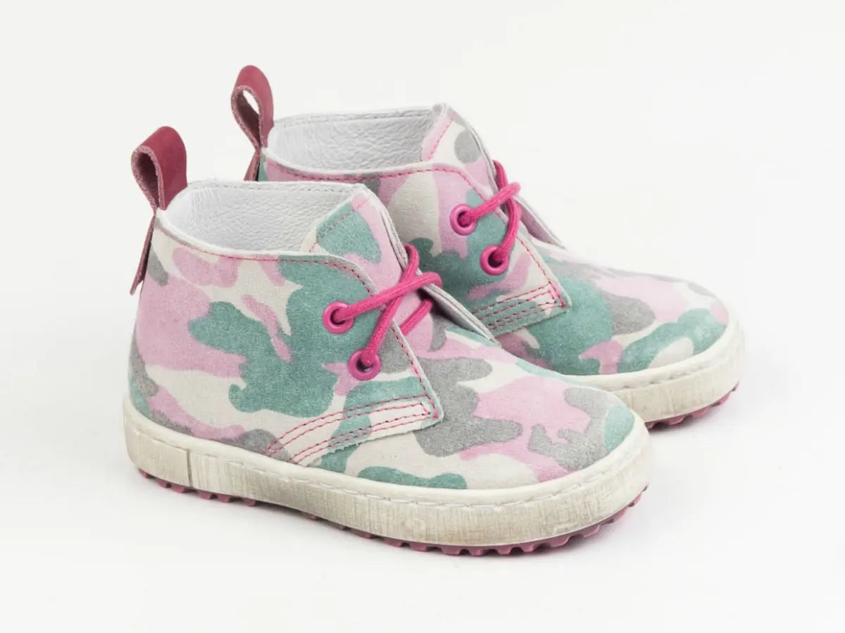 Emel Handcrafted Leather Childrens First Steps Shoes Handmade in the EU -Camo (Pink) Pattern Suede Lace Up Emel