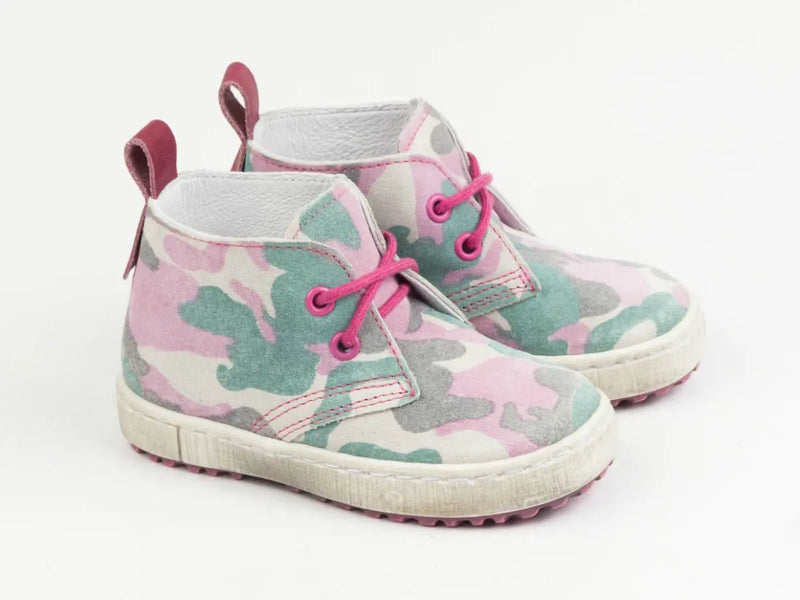 Emel Handcrafted Leather Childrens First Steps Shoes Handmade in the EU -Camo (Pink) Pattern Suede Lace Up Emel