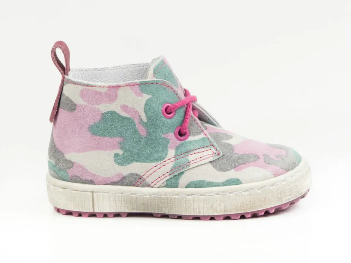 Emel Handcrafted Leather Childrens First Steps Shoes Handmade in the EU -Camo (Pink) Pattern Suede Lace Up Emel