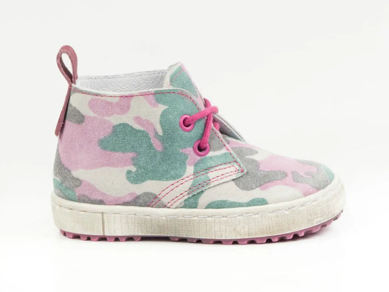 Emel Handcrafted Leather Childrens First Steps Shoes Handmade in the EU -Camo (Pink) Pattern Suede Lace Up Emel