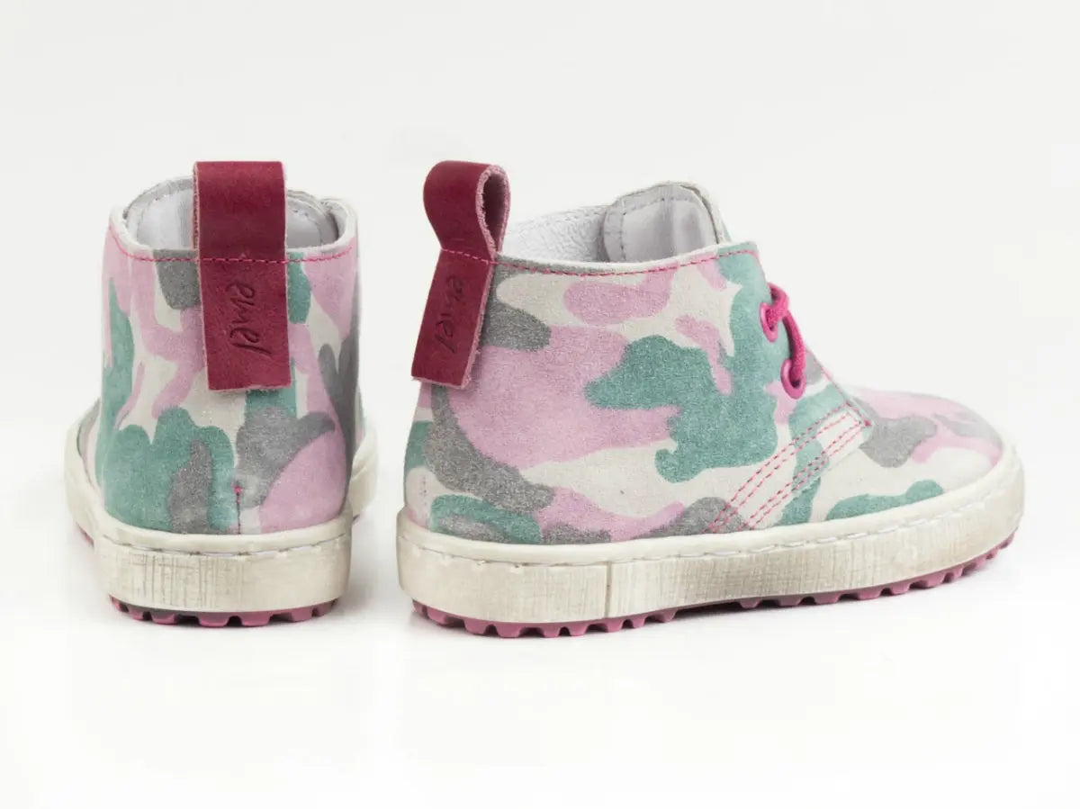 Emel Handcrafted Leather Childrens First Steps Shoes Handmade in the EU -Camo (Pink) Pattern Suede Lace Up Emel