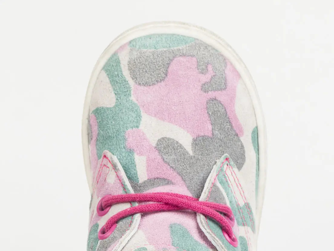 Emel Handcrafted Leather Childrens First Steps Shoes Handmade in the EU -Camo (Pink) Pattern Suede Lace Up Emel