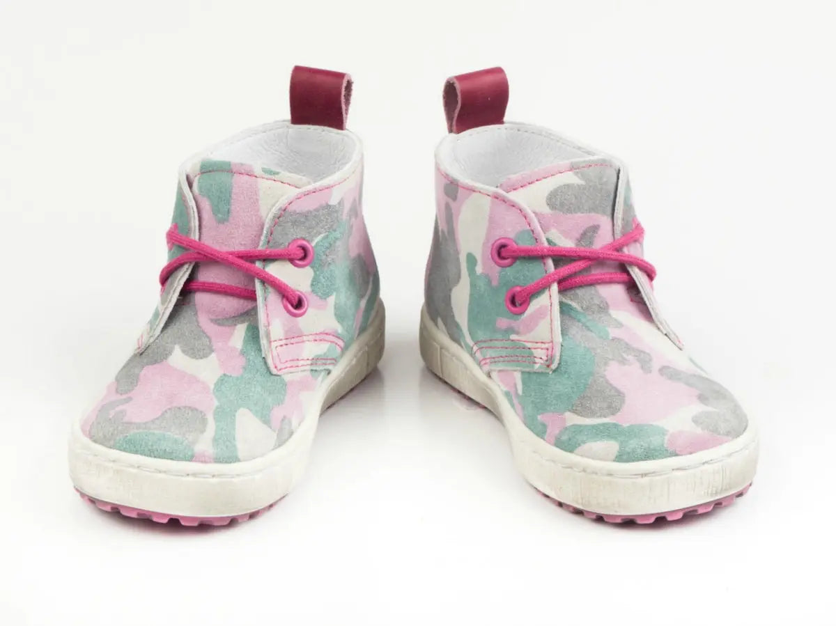 Emel Handcrafted Leather Childrens First Steps Shoes Handmade in the EU -Camo (Pink) Pattern Suede Lace Up Emel