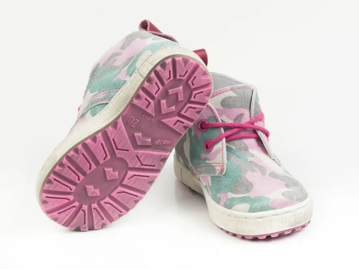 Emel Handcrafted Leather Childrens First Steps Shoes Handmade in the EU -Camo (Pink) Pattern Suede Lace Up Emel