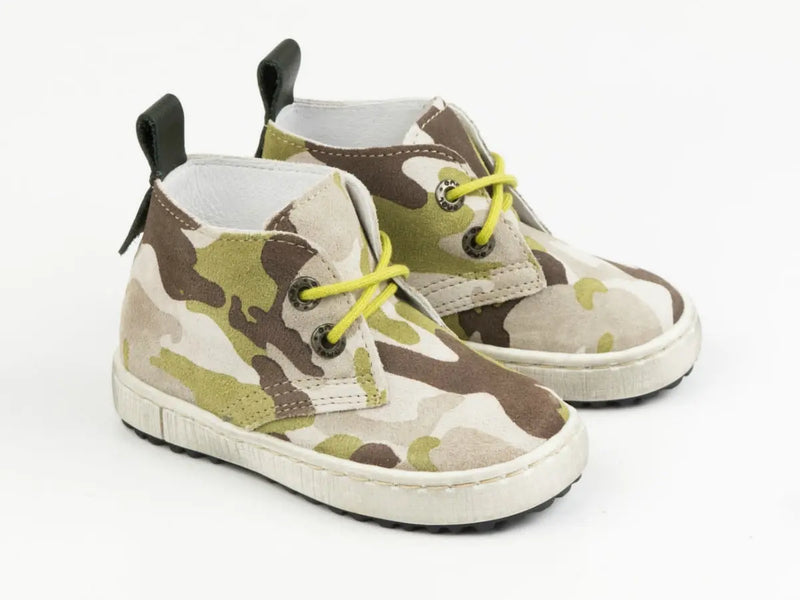 Emel Handcrafted Leather Childrens First Steps shoes Handmade in the EU - Camo (Brown) Pattern Suede Lace Up Emel