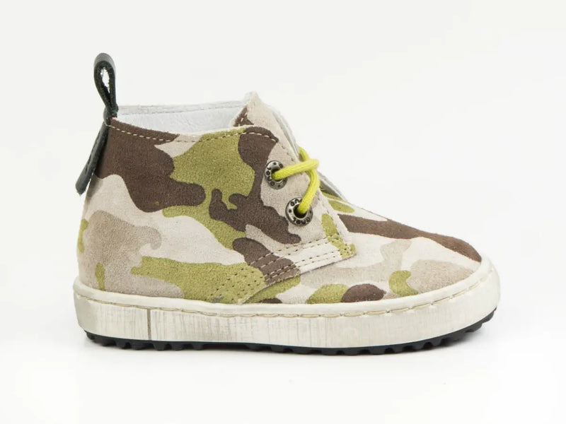 Emel Handcrafted Leather Childrens First Steps shoes Handmade in the EU - Camo (Brown) Pattern Suede Lace Up Emel