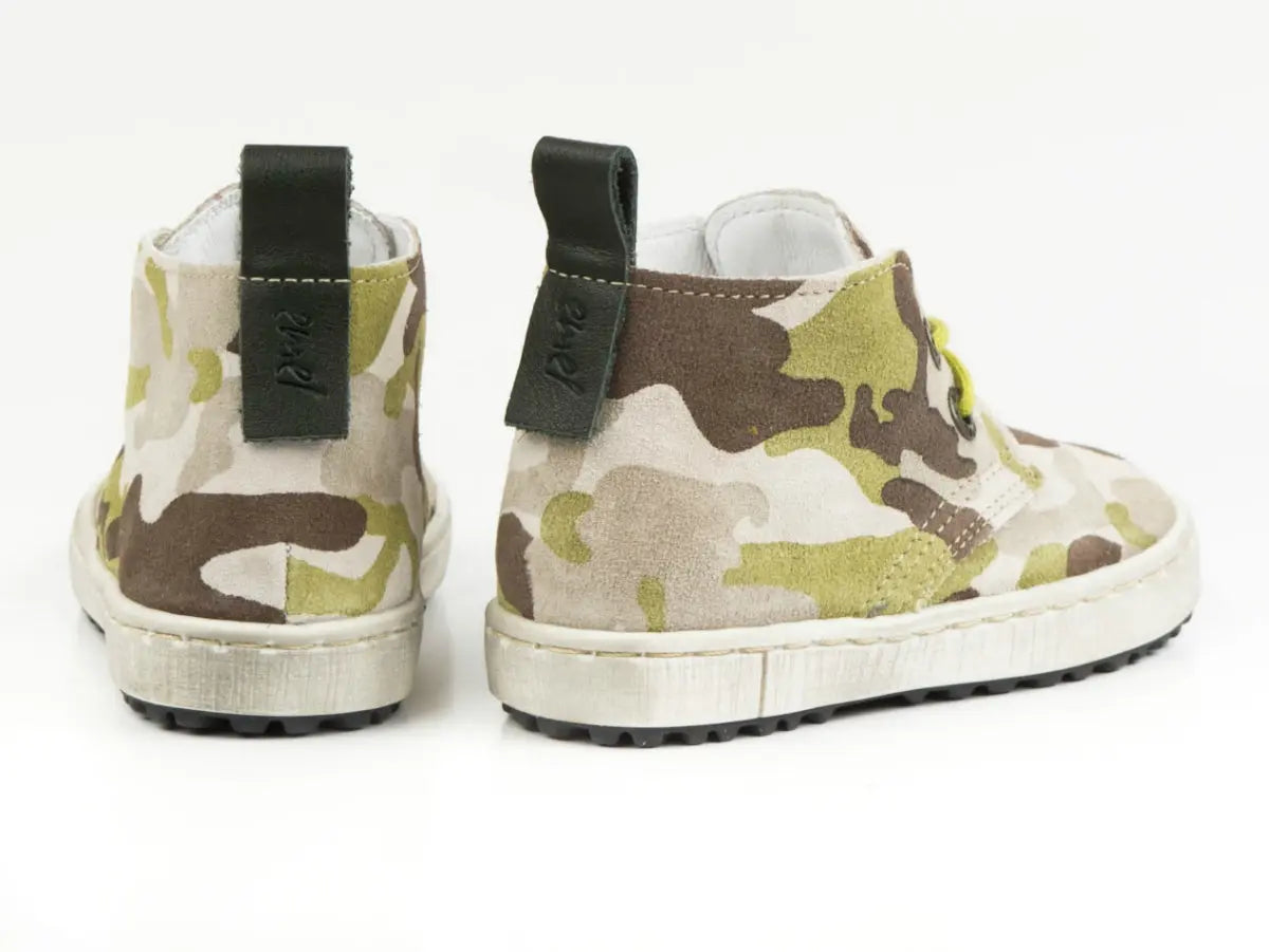 Emel Handcrafted Leather Childrens First Steps shoes Handmade in the EU - Camo (Brown) Pattern Suede Lace Up Emel