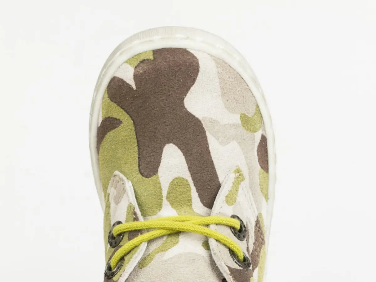 Emel Handcrafted Leather Childrens First Steps shoes Handmade in the EU - Camo (Brown) Pattern Suede Lace Up Emel