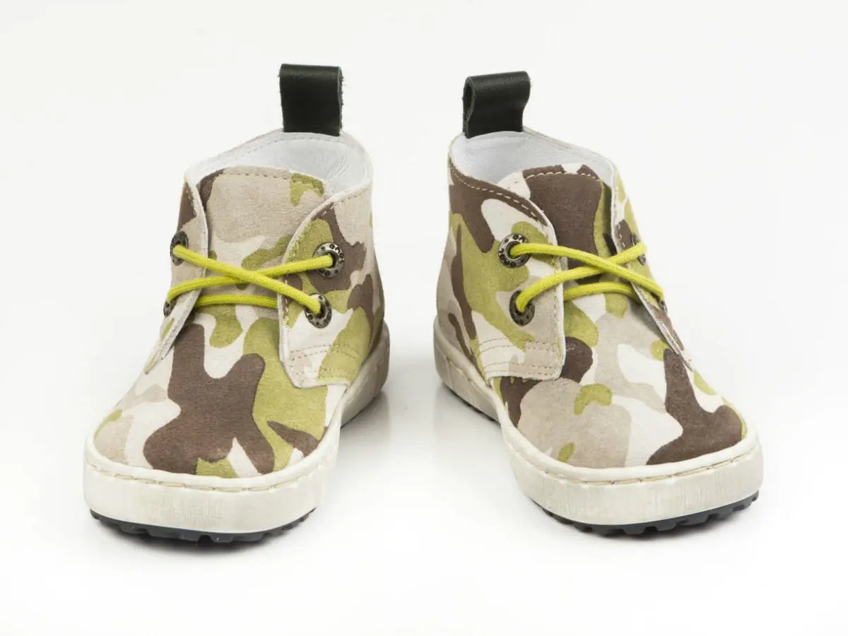 Emel Handcrafted Leather Childrens First Steps shoes Handmade in the EU - Camo (Brown) Pattern Suede Lace Up Emel