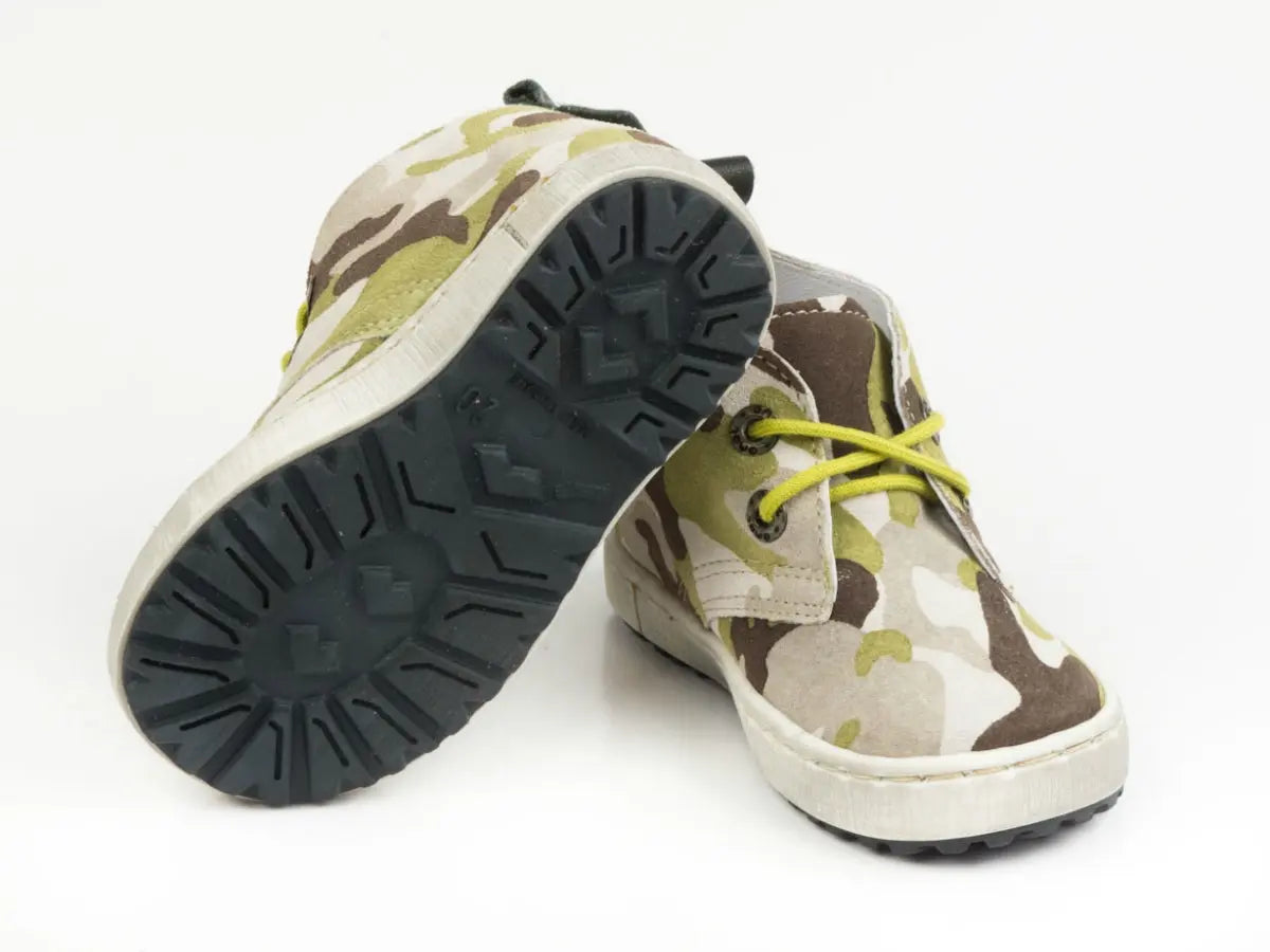 Emel Handcrafted Leather Childrens First Steps shoes Handmade in the EU - Camo (Brown) Pattern Suede Lace Up Emel