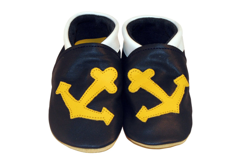 Three Little Imps Handmade Soft Leather Toddler Shoes - Salty Yellow Sea Anchor on Navy Blue Three Little Imps