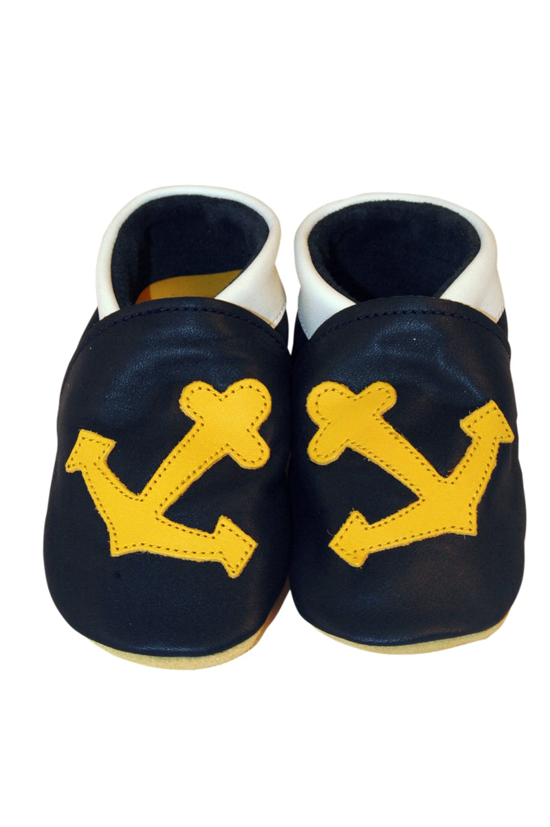 Three Little Imps Handmade Soft Leather Toddler Shoes - Salty Yellow Sea Anchor on Navy Blue Three Little Imps