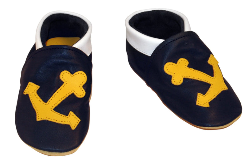 Three Little Imps Handmade Soft Leather Toddler Shoes - Salty Yellow Sea Anchor on Navy Blue Three Little Imps