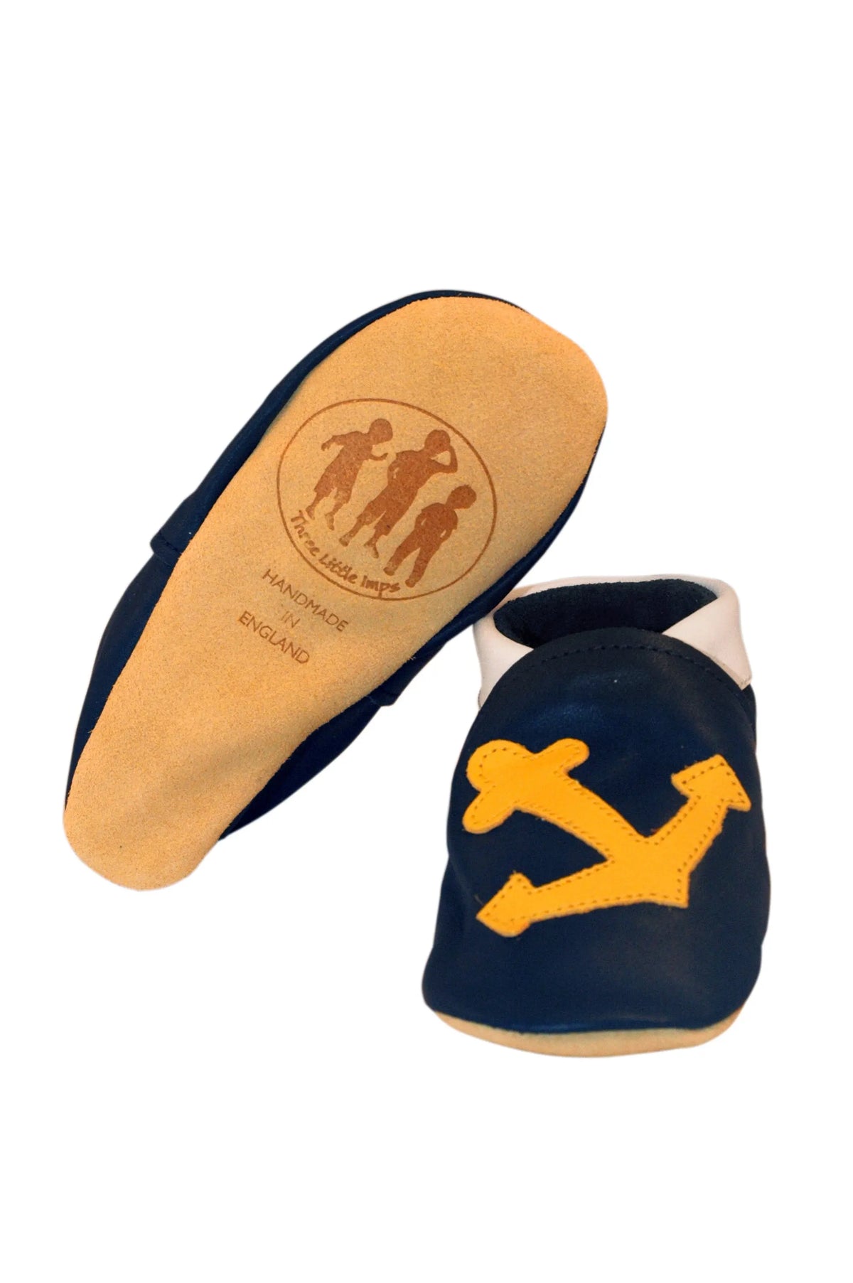 Three Little Imps Handmade Soft Leather Toddler Shoes - Salty Yellow Sea Anchor on Navy Blue Three Little Imps