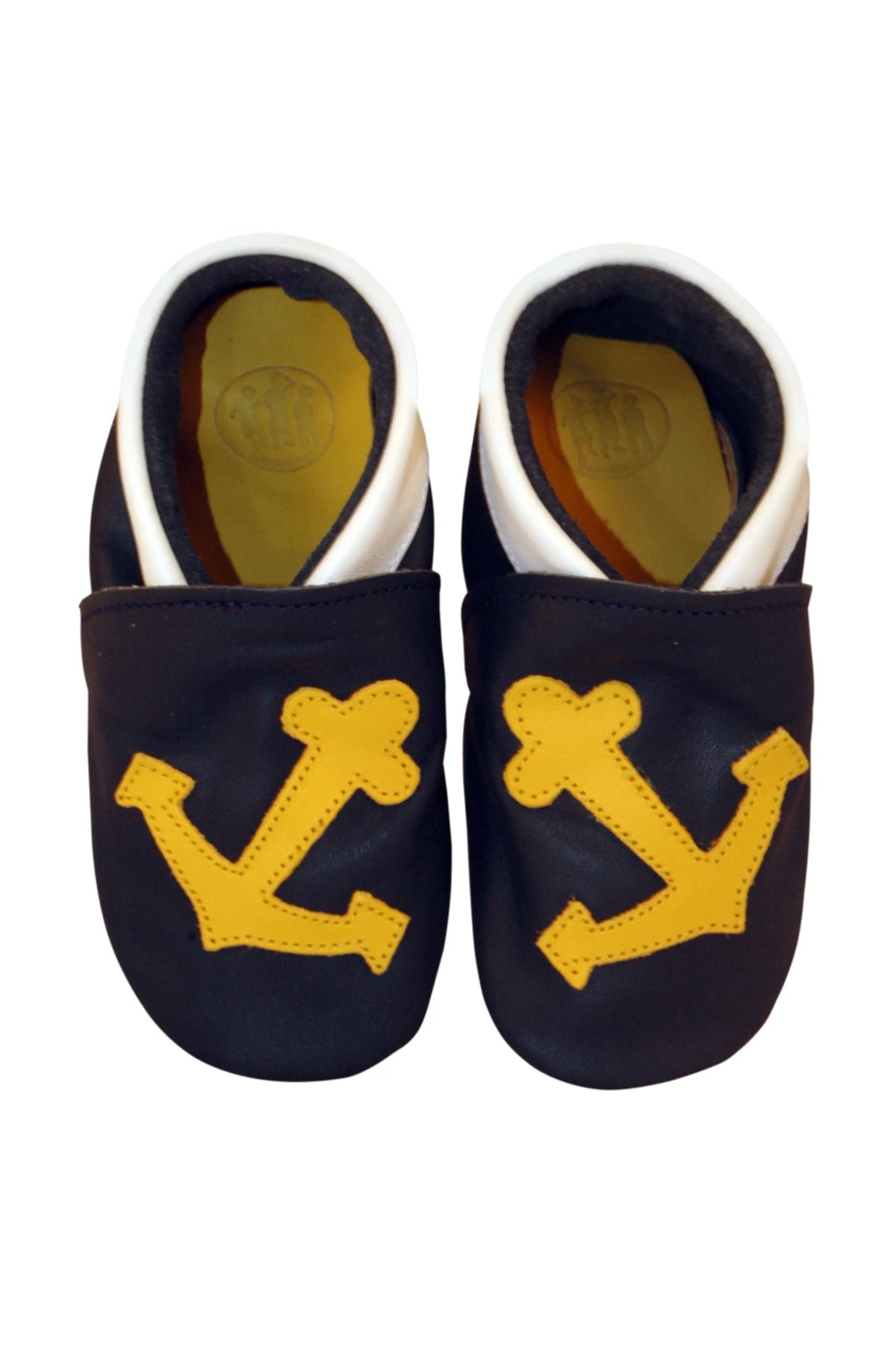 Three Little Imps Handmade Soft Leather Toddler Shoes - Salty Yellow Sea Anchor on Navy Blue Three Little Imps
