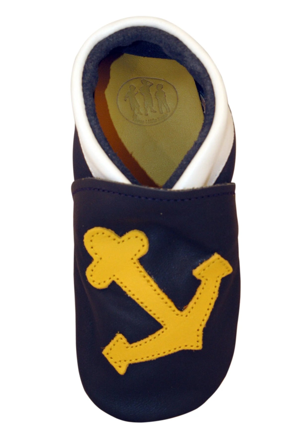 Three Little Imps Handmade Soft Leather Toddler Shoes - Salty Yellow Sea Anchor on Navy Blue Three Little Imps