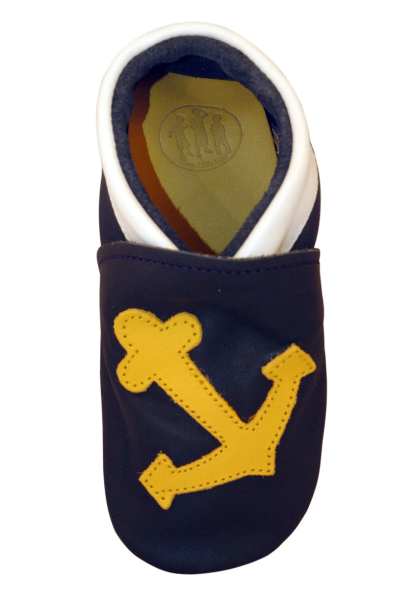 Three Little Imps Handmade Soft Leather Toddler Shoes - Salty Yellow Sea Anchor on Navy Blue Three Little Imps