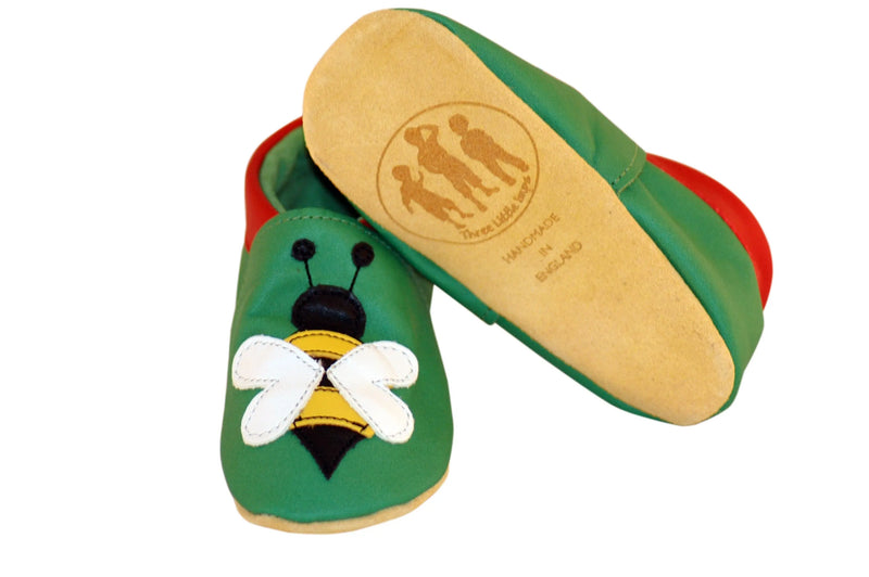 Three Little Imps Handmade Soft Leather Toddler Shoes - Busy Buzzy Bee on Green Three Little Imps