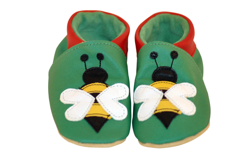 Three Little Imps Handmade Soft Leather Toddler Shoes - Busy Buzzy Bee on Green Three Little Imps