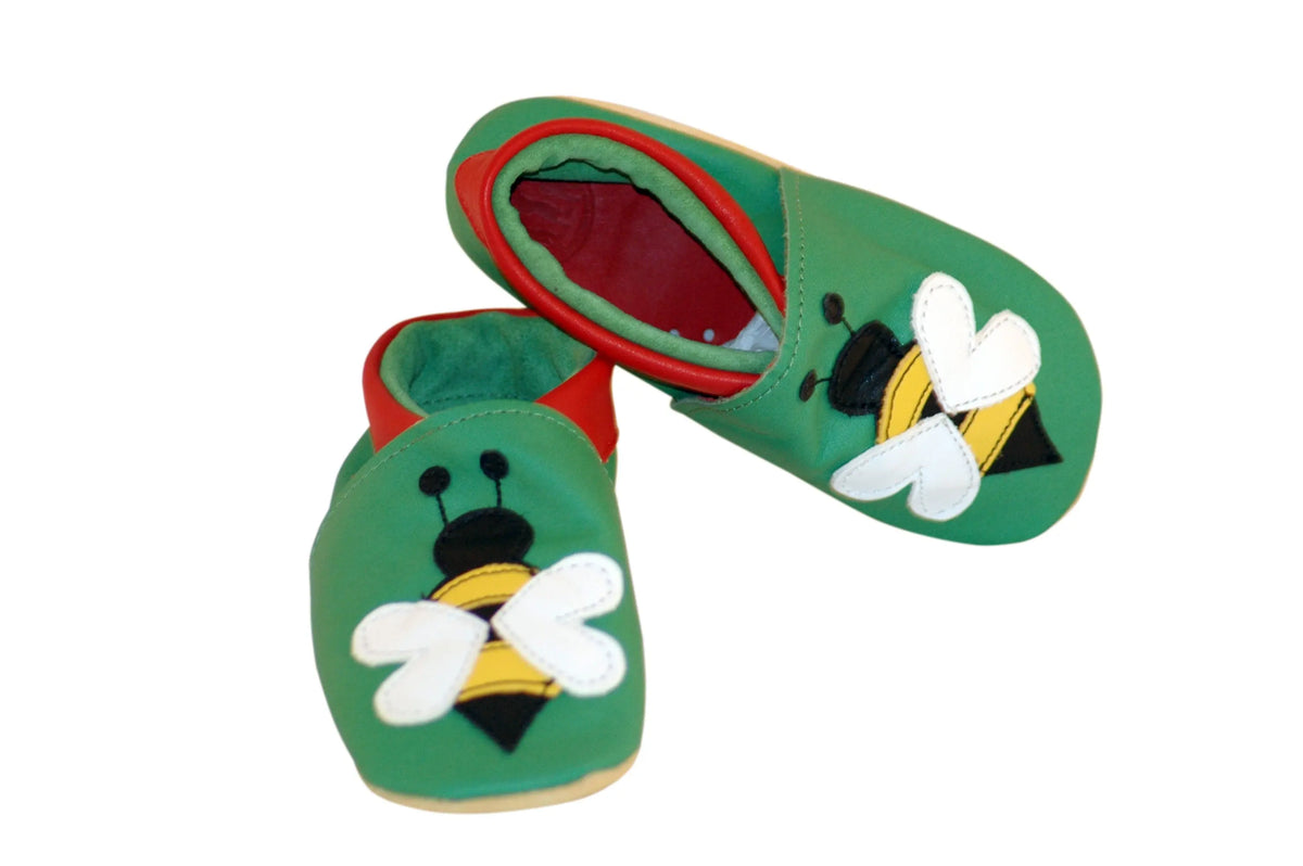 Three Little Imps Handmade Soft Leather Toddler Shoes - Busy Buzzy Bee on Green Three Little Imps