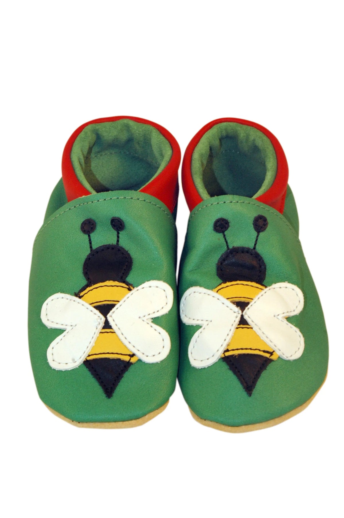 Three Little Imps Handmade Soft Leather Toddler Shoes - Busy Buzzy Bee on Green Three Little Imps