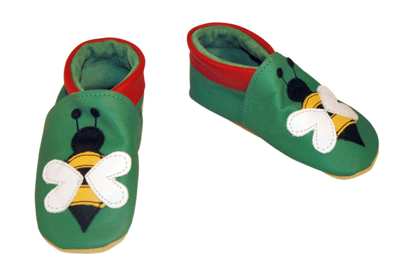 Three Little Imps Handmade Soft Leather Toddler Shoes - Busy Buzzy Bee on Green Three Little Imps