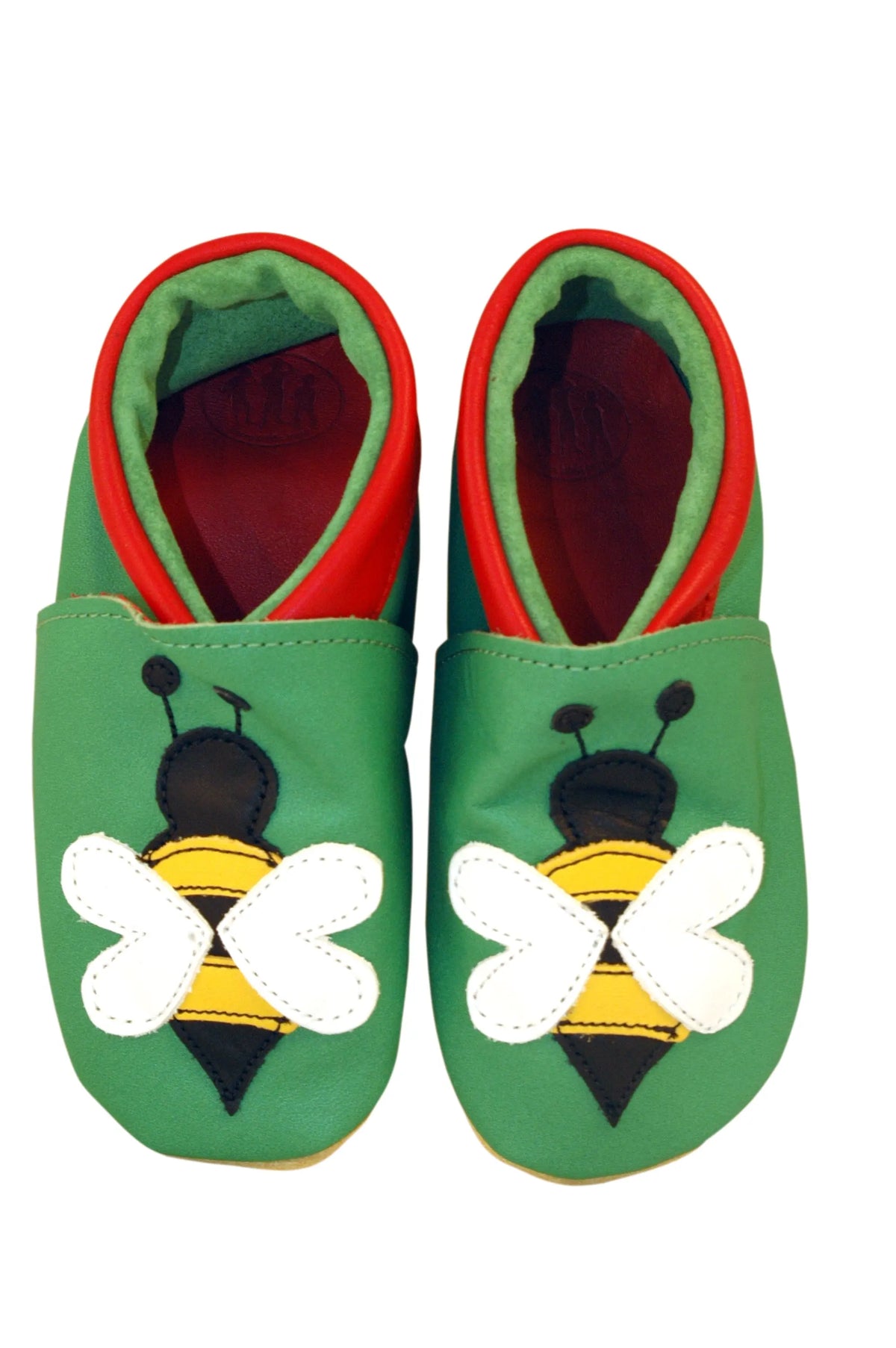 Three Little Imps Handmade Soft Leather Toddler Shoes - Busy Buzzy Bee on Green Three Little Imps