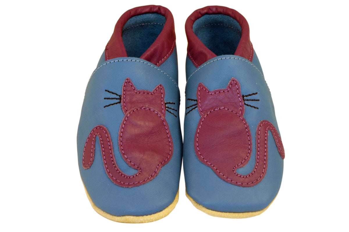 Three Little Imps Handmade Soft Leather Toddler Shoes - Clever Purple Cat on Blue Three Little Imps