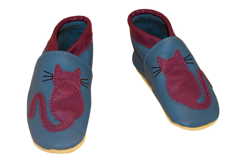 Three Little Imps Handmade Soft Leather Toddler Shoes - Clever Purple Cat on Blue Three Little Imps