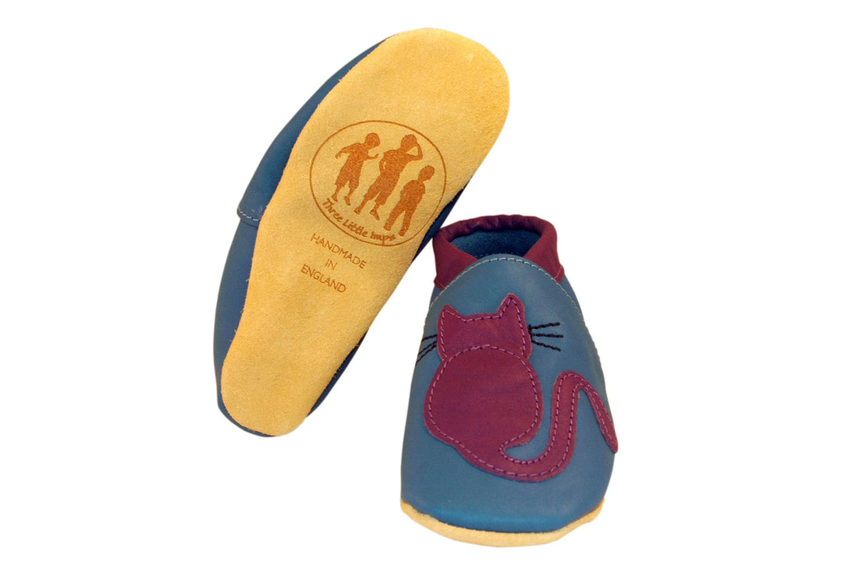 Three Little Imps Handmade Soft Leather Toddler Shoes - Clever Purple Cat on Blue Three Little Imps