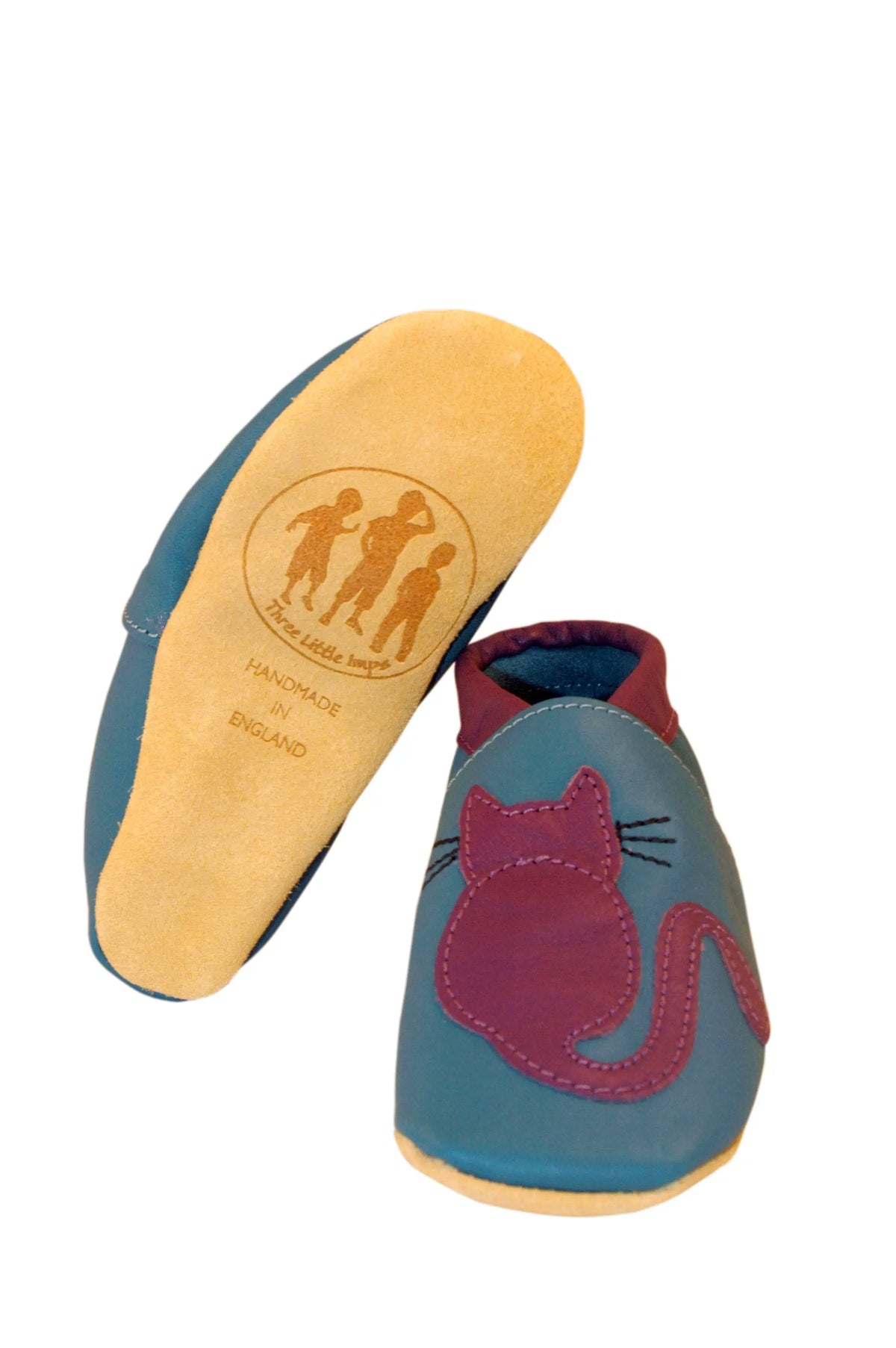 Three Little Imps Handmade Soft Leather Toddler Shoes - Clever Purple Cat on Blue Three Little Imps