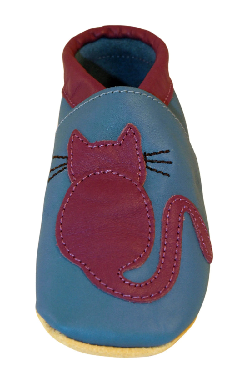 Three Little Imps Handmade Soft Leather Toddler Shoes - Clever Purple Cat on Blue Three Little Imps
