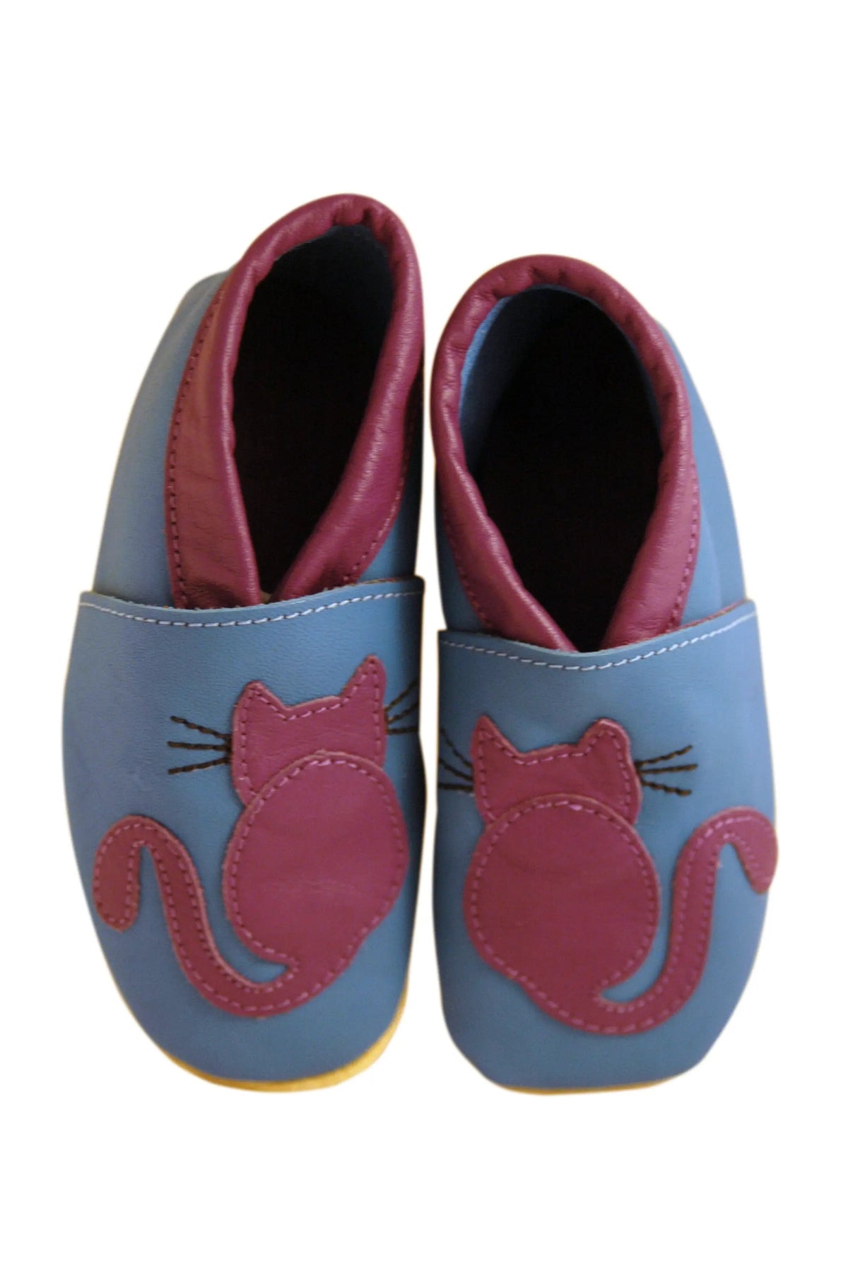 Three Little Imps Handmade Soft Leather Toddler Shoes - Clever Purple Cat on Blue Three Little Imps