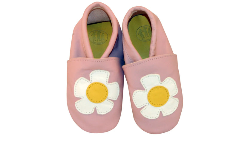 Three Little Imps Handmade Soft Leather Toddler Shoes - Pretty Daisy Flower on Pale Pink Three Little Imps