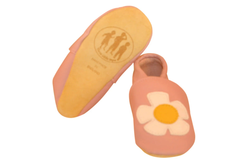 Three Little Imps Handmade Soft Leather Toddler Shoes - Pretty Daisy Flower on Pale Pink Three Little Imps