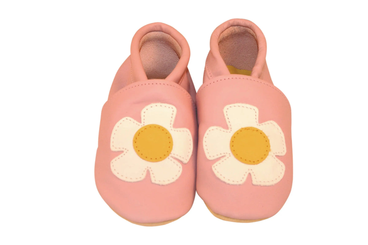 Three Little Imps Handmade Soft Leather Toddler Shoes - Pretty Daisy Flower on Pale Pink Three Little Imps