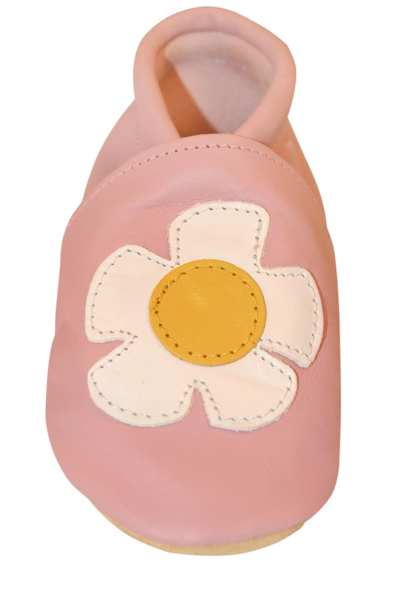 Three Little Imps Handmade Soft Leather Toddler Shoes - Pretty Daisy Flower on Pale Pink Three Little Imps
