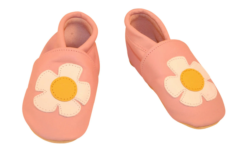 Three Little Imps Handmade Soft Leather Toddler Shoes - Pretty Daisy Flower on Pale Pink Three Little Imps
