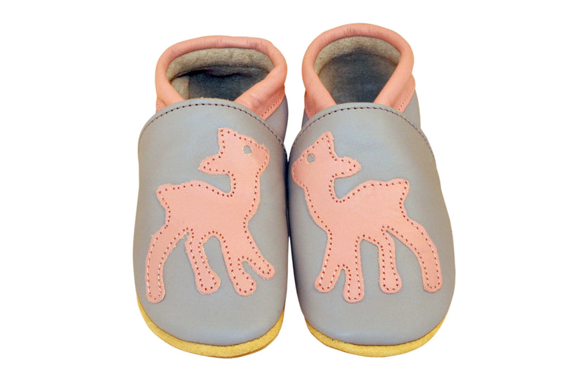 Three Little Imps Handmade Soft Leather Toddler Shoes - Graceful Pink Deer on Grey Three Little Imps