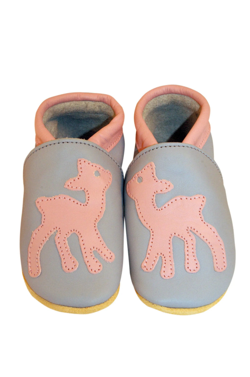 Three Little Imps Handmade Soft Leather Toddler Shoes - Graceful Pink Deer on Grey Three Little Imps