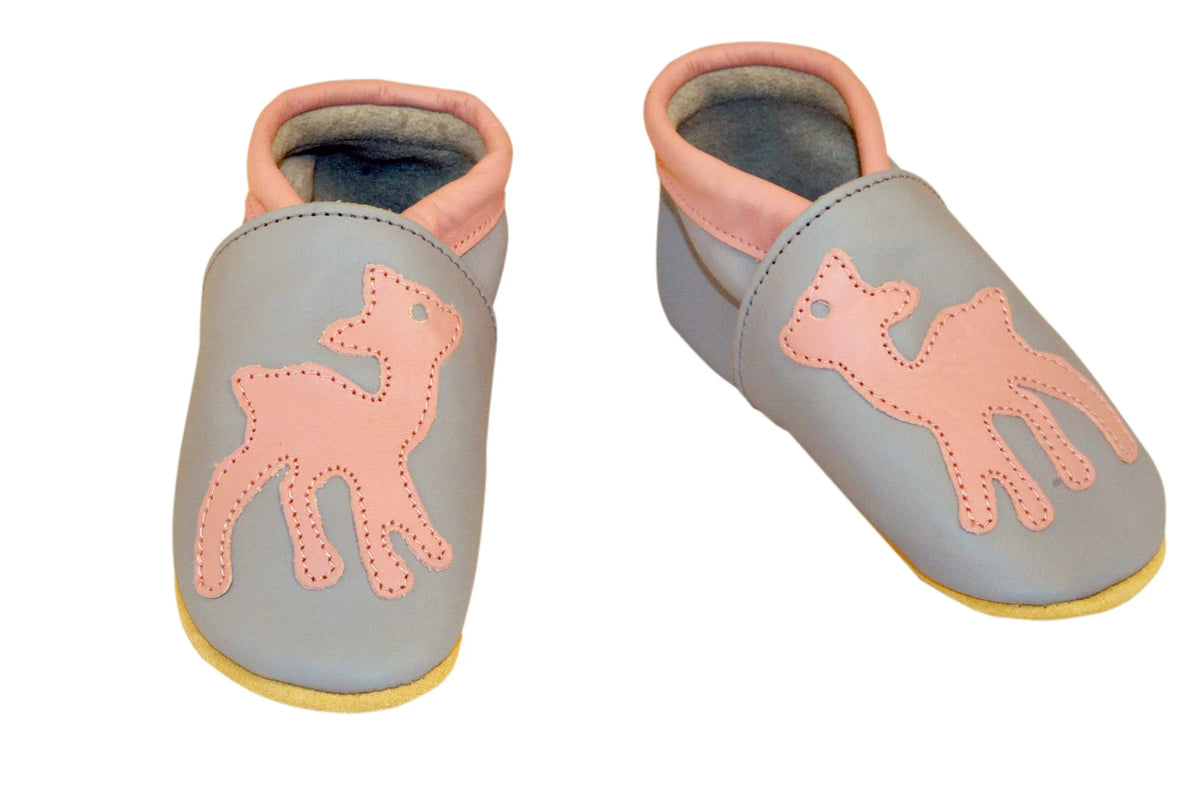 Three Little Imps Handmade Soft Leather Toddler Shoes - Graceful Pink Deer on Grey Three Little Imps