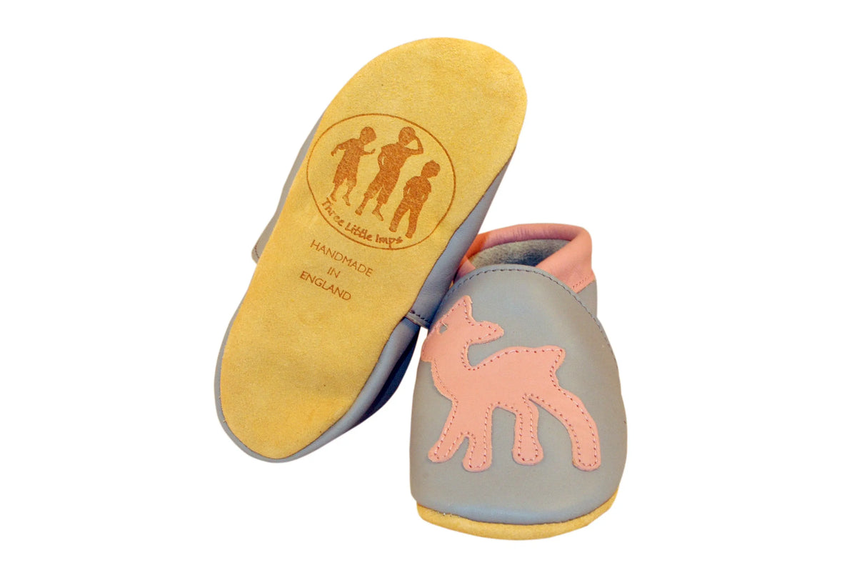 Three Little Imps Handmade Soft Leather Toddler Shoes - Graceful Pink Deer on Grey Three Little Imps