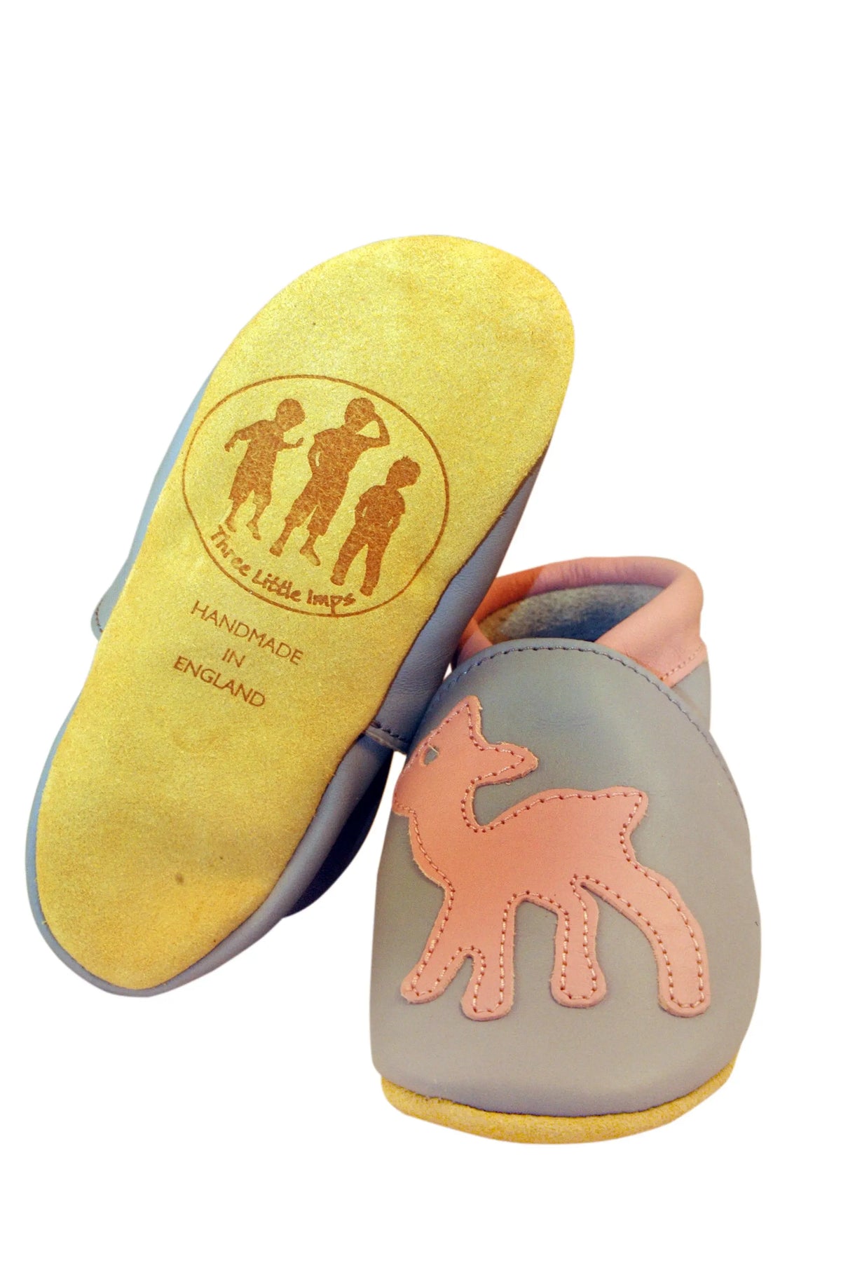 Three Little Imps Handmade Soft Leather Toddler Shoes - Graceful Pink Deer on Grey Three Little Imps
