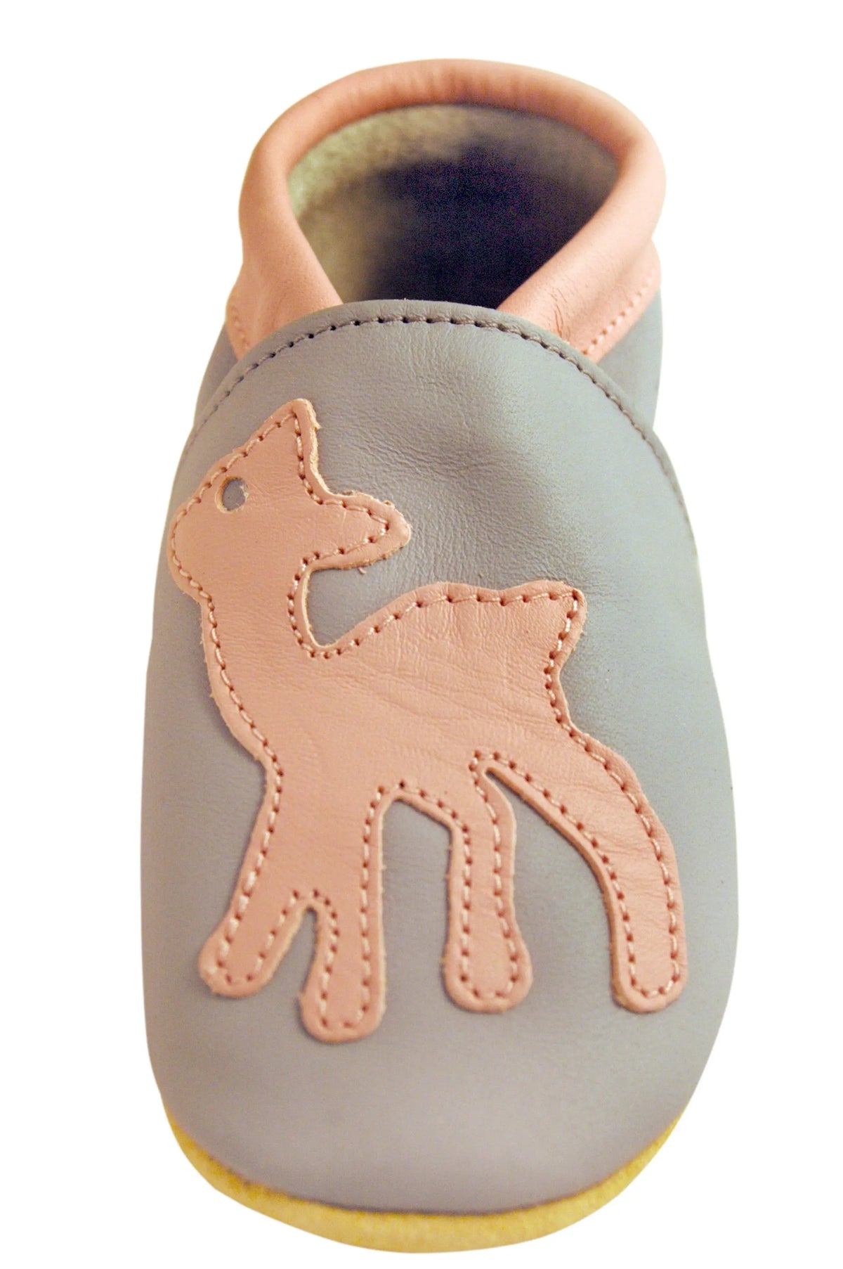 Three Little Imps Handmade Soft Leather Toddler Shoes - Graceful Pink Deer on Grey Three Little Imps