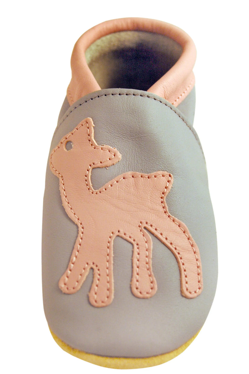 Three Little Imps Handmade Soft Leather Toddler Shoes - Graceful Pink Deer on Grey Three Little Imps