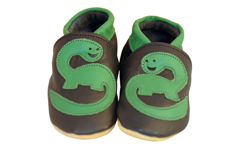 Three Little Imps Handmade Soft Leather Toddler Shoes - Roaring Green Dinosaur on Navy Blue Three Little Imps