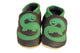 Chaussures pour bébé en cuir souple faites main Three Little Imps - Dinosaure vert sur bleu marine