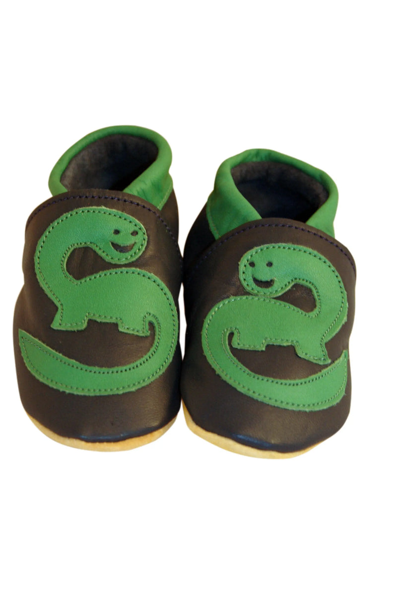 Three Little Imps Handmade Soft Leather Toddler Shoes - Roaring Green Dinosaur on Navy Blue Three Little Imps