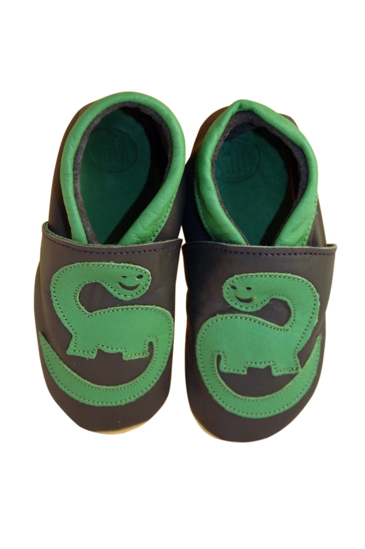 Three Little Imps Handmade Soft Leather Toddler Shoes - Roaring Green Dinosaur on Navy Blue Three Little Imps
